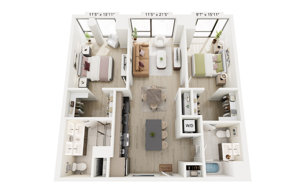 2B-2A - 2 bedroom floorplan layout with 2 bathrooms and 1138 square feet