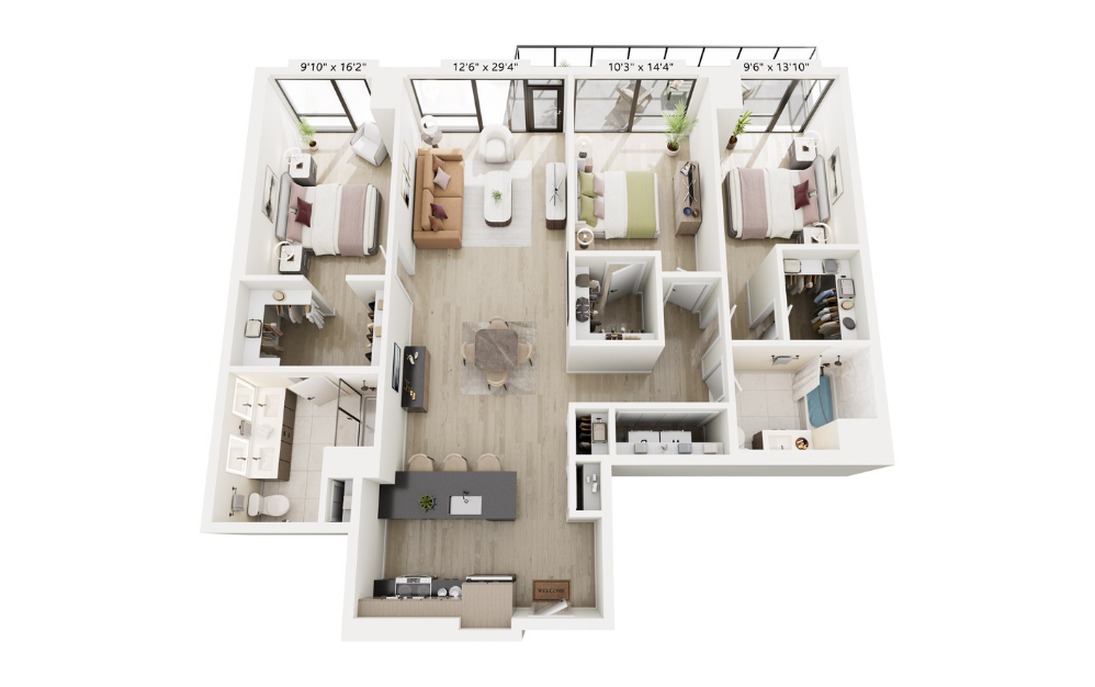 3B-2 - 3 bedroom floorplan layout with 2 bathrooms and 1457 square feet