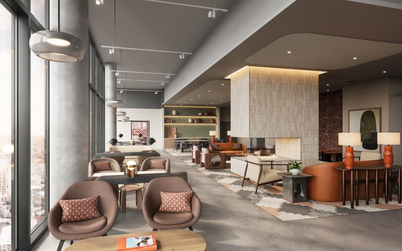 a clubroom with tables and chairs