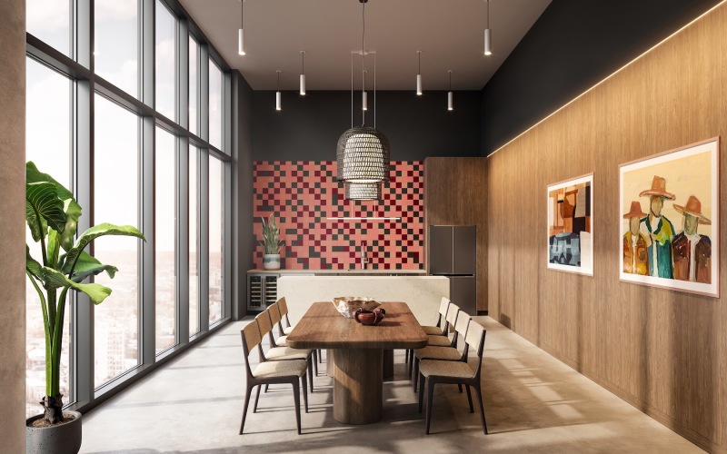 a room with a table and chairs