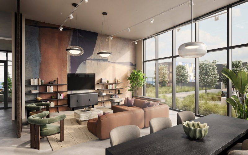 a clubroom with a tv, couch, tables and chairs
