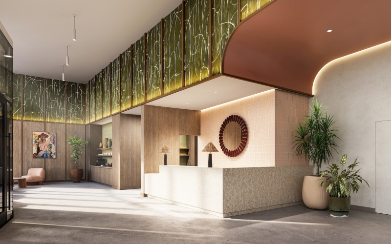 a reception area with plants
