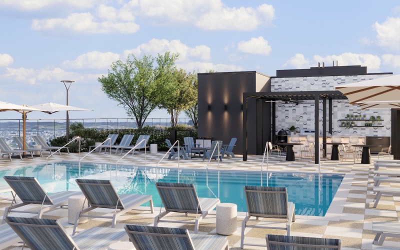 a pool with chairs around it