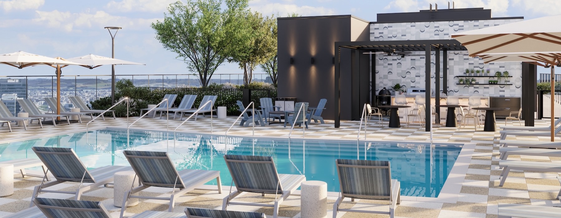 a pool with chairs around it