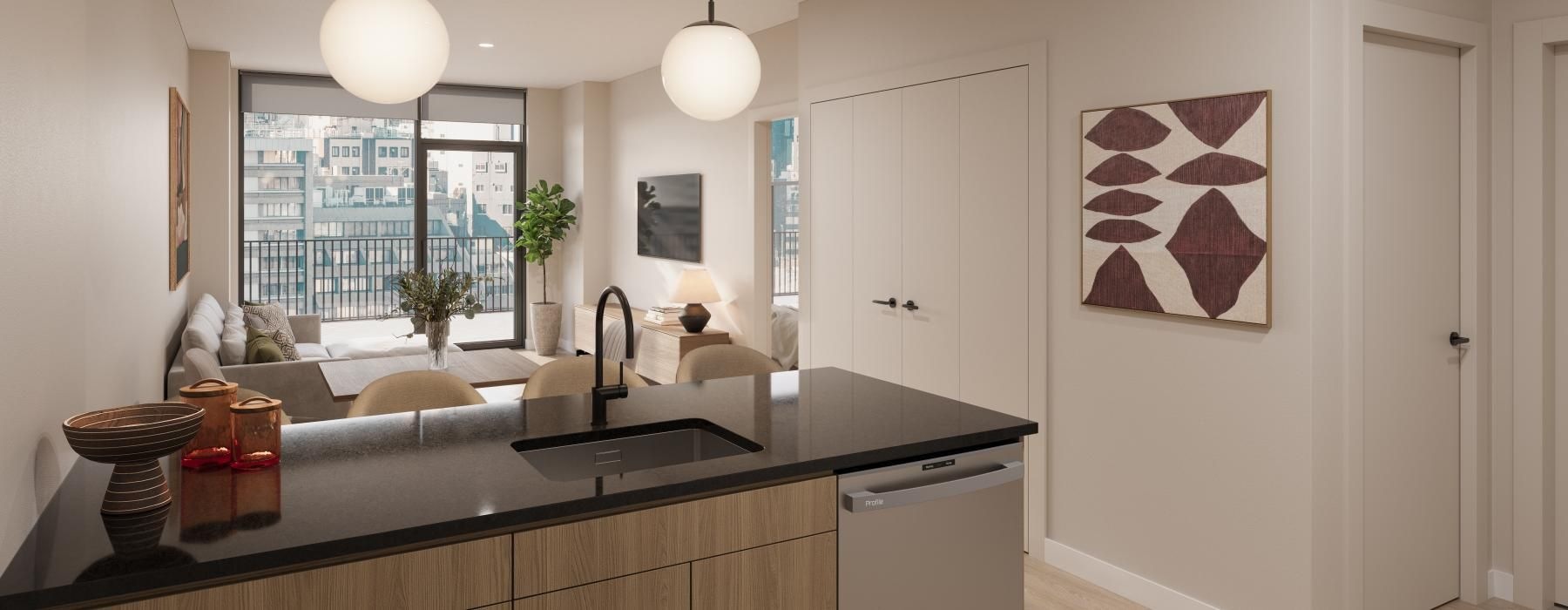 a kitchen with a large island