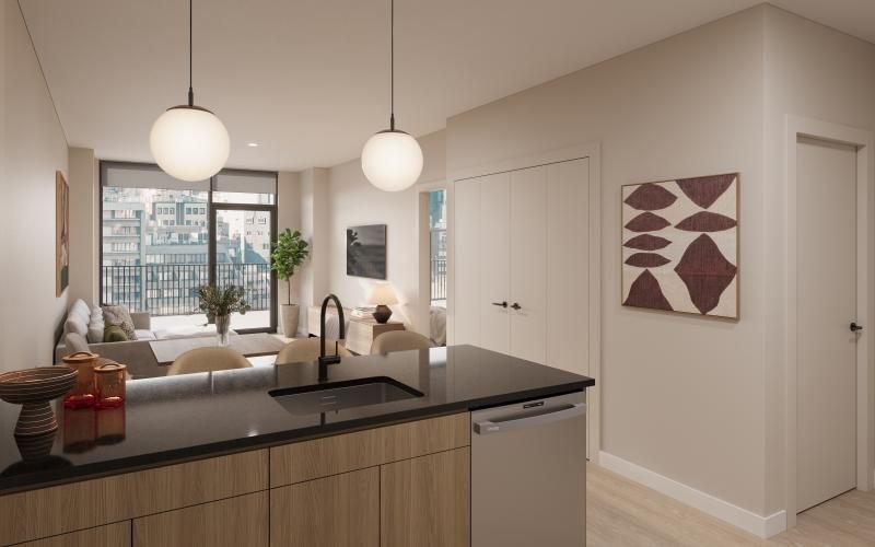 a kitchen with a large island